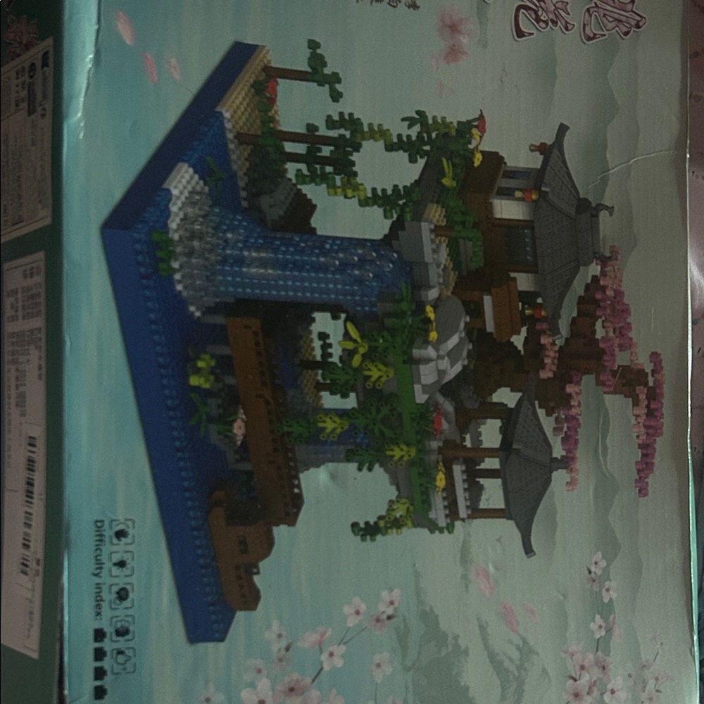 Colorful Building Block Set with Waterfall and Pagoda